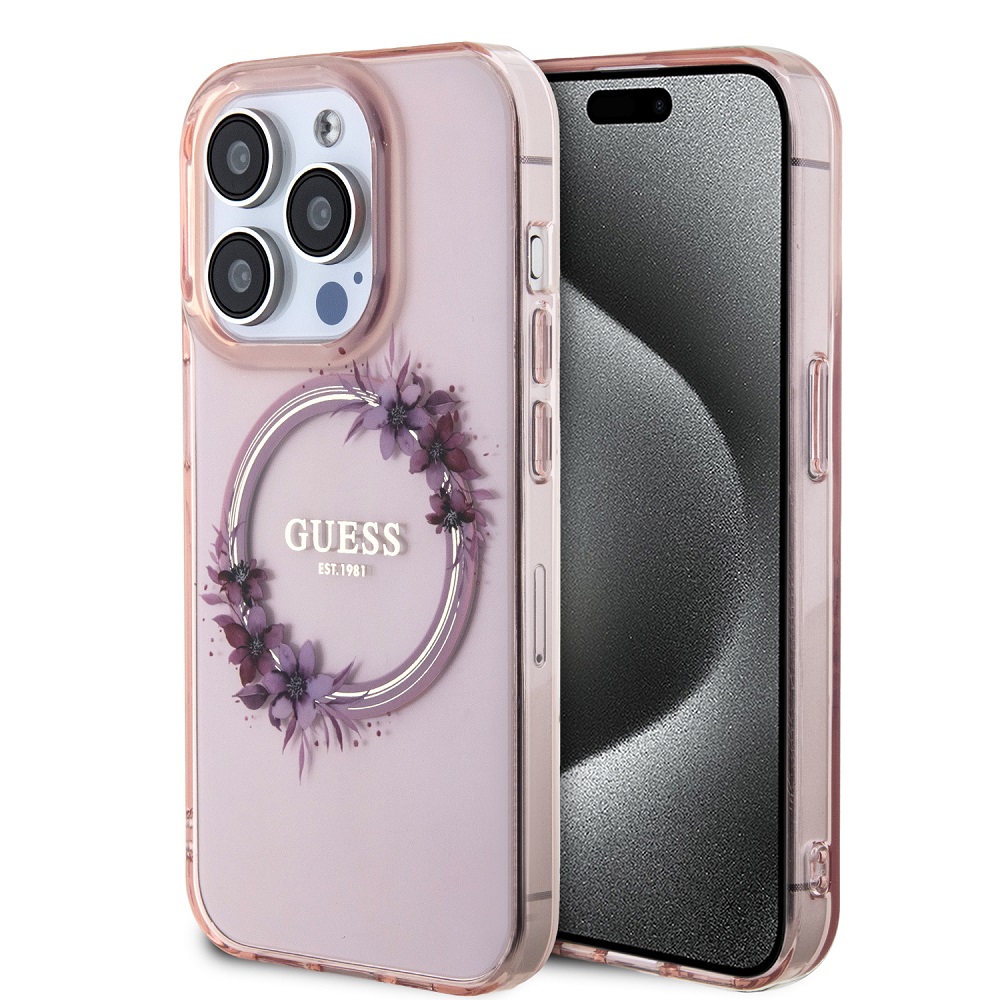 Guess PC TPU Flowers Ring Glossy Logo MagSafe Zadní Kryt pro iPhone 15