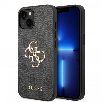 Guess PU 4G Metal Logo Zadní Kryt pro iPhone 15 Plus Grey