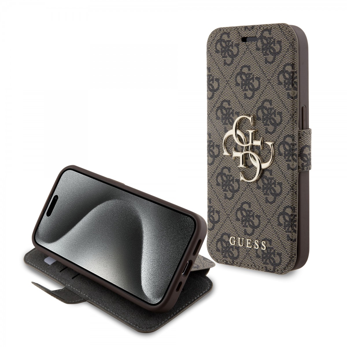 Guess PU 4G Metal Logo Book Pouzdro pro iPhone 15 Pro Max Brown