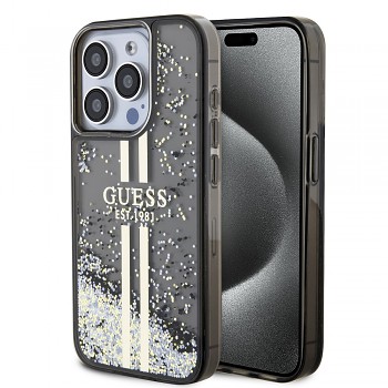 Guess PC/TPU Liquid Glitter Gold Stripe Zadní Kryt pro iPhone 15 Pro Max Black