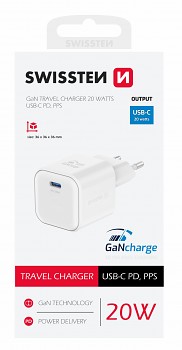 Adaptér Swissten Gan s funkcí rychlonabíjení 1x USB-C 20W bílý