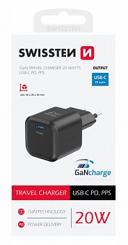 Adaptér Swissten Gan s funkcí rychlonabíjení 1x USB-C 20W černý