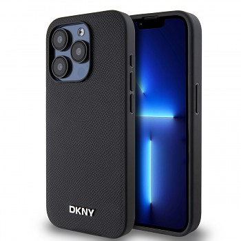 Zadní Kryt DKNY PU Leather Silver Metal Logo Magsafe pro iPhone 15 Pro černý