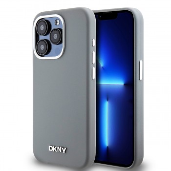 Zadní Kryt DKNY Liquid Silicone Silver Metal Logo Magsafe na iPhone 15 Pro Grey