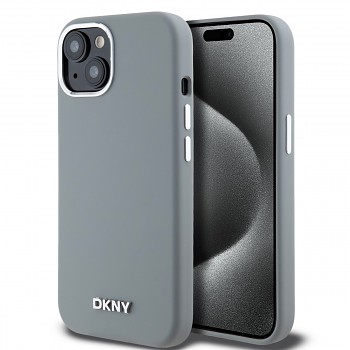 Zadní Kryt DKNY Liquid Silicone Silver Metal Logo Magsafe na iPhone 15 Grey