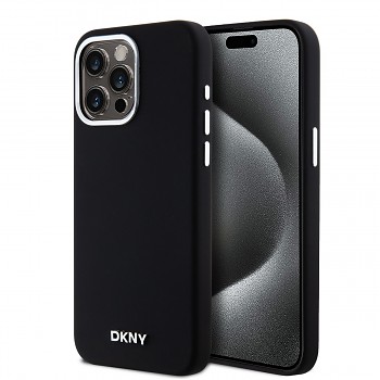 Zadní Kryt DKNY Liquid Silicone Silver Metal Logo Magsafe pro iPhone 15 Pro Max černý