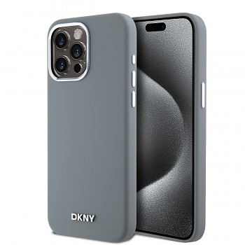 Zadní Kryt DKNY Liquid Silicone Silver Metal Logo Magsafe na iPhone 15 Pro Max Grey