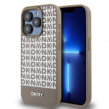 Zadní Kryt DKNY PU Leather Repeat Pattern Bottom Stripe pro iPhone 14 Pro hnědý