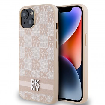 Zadní Kryt DKNY PU Leather Checkered Pattern and Stripe na iPhone 14 Pink