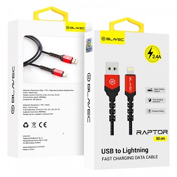 Datový kabel Blavec Raptor Braided - USB na Lightning - 2,4A 0,5m (CRA-UL24BR05) černo-červený