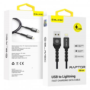 Datový kabel Blavec Raptor Braided - USB na Lightning - 2,4A 1m (CRA-UL24BG10) černo-šedý