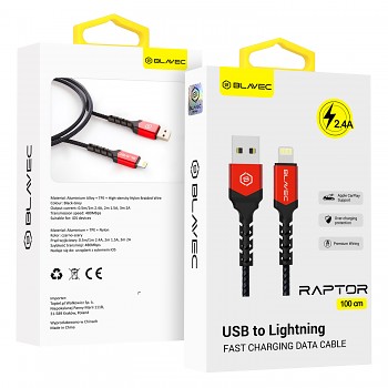 Datový kabel Blavec Raptor Braided - USB na Lightning - 2,4A 1m (CRA-UL24BR10) černo-červený