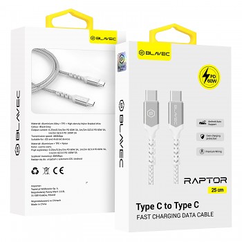 Datový kabel Blavec Raptor Braided - typ C na typ C - PD 60W 3A 0,25m (CRA-CC3WS025) bílo-stříbrný