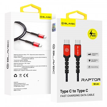 Datový kabel Blavec Raptor Braided - typ C na typ C - PD 60W 3A 0,5m (CRA-CC3BR05) černo-červený