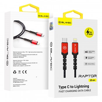 Datový kabel Blavec Raptor Braided - Type C to Lightning - PD 20W 2,4A 0,25m (CRA-CL24BR025) černo-červený