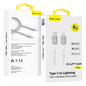 Datový kabel Blavec Raptor Braided - Type C to Lightning - PD 20W 2,4A 0,25m (CRA-CL24WS025) bílo-stříbrný