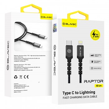 Datový kabel Blavec Raptor Braided - Type C to Lightning - PD 20W 2,4A 0,5m (CRA-CL24BG05) černo-šedý