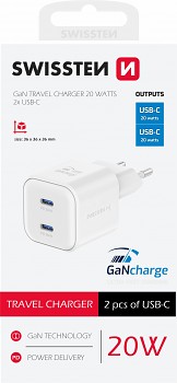 Adaptér Swissten Gan 2x USB-C 20W s funkcí rychlonabíjení bílý