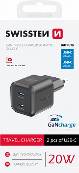 Adaptér Swissten Gan 2x USB-C 20W s funkcí rychlonabíjení černý