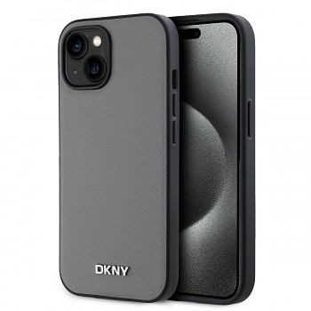 Zadní Kryt DKNY PU Leather Silver Metal Logo Magsafe pro iPhone 13 šedý