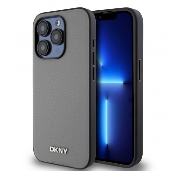 Zadní Kryt DKNY PU Leather Silver Metal Logo Magsafe pro iPhone 15 Pro Max šedý