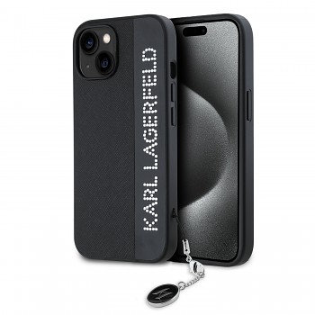 Karl Lagerfeld PU Saffiano Rhinestone Charm Zadní Kryt pro iPhone 15 Black