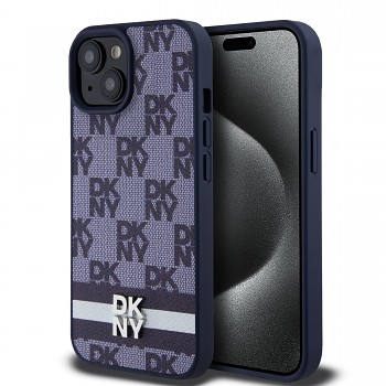 Zadní Kryt DKNY PU Leather Checkered Pattern and Stripe pro iPhone 15 modrý