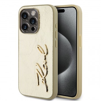 Karl Lagerfeld Wrinkled PU Signature Logo Zadní Kryt pro iPhone 15 Pro Max Gold