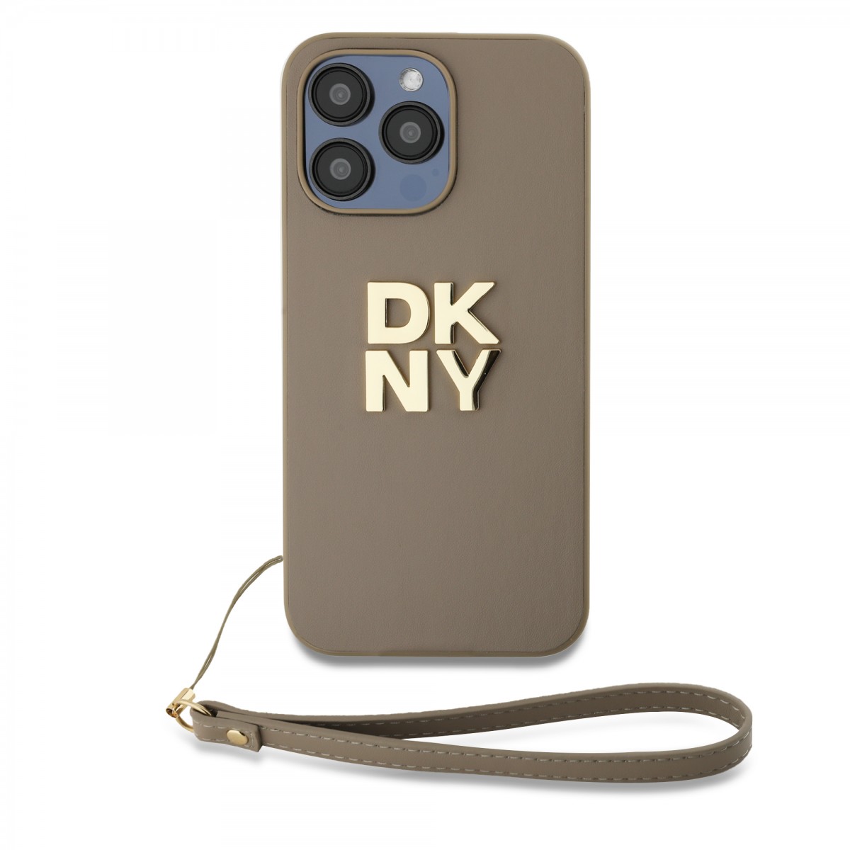 Zadní Kryt DKNY PU Leather Stack Logo Wrist Strap pro iPhone 15 Pro Beige