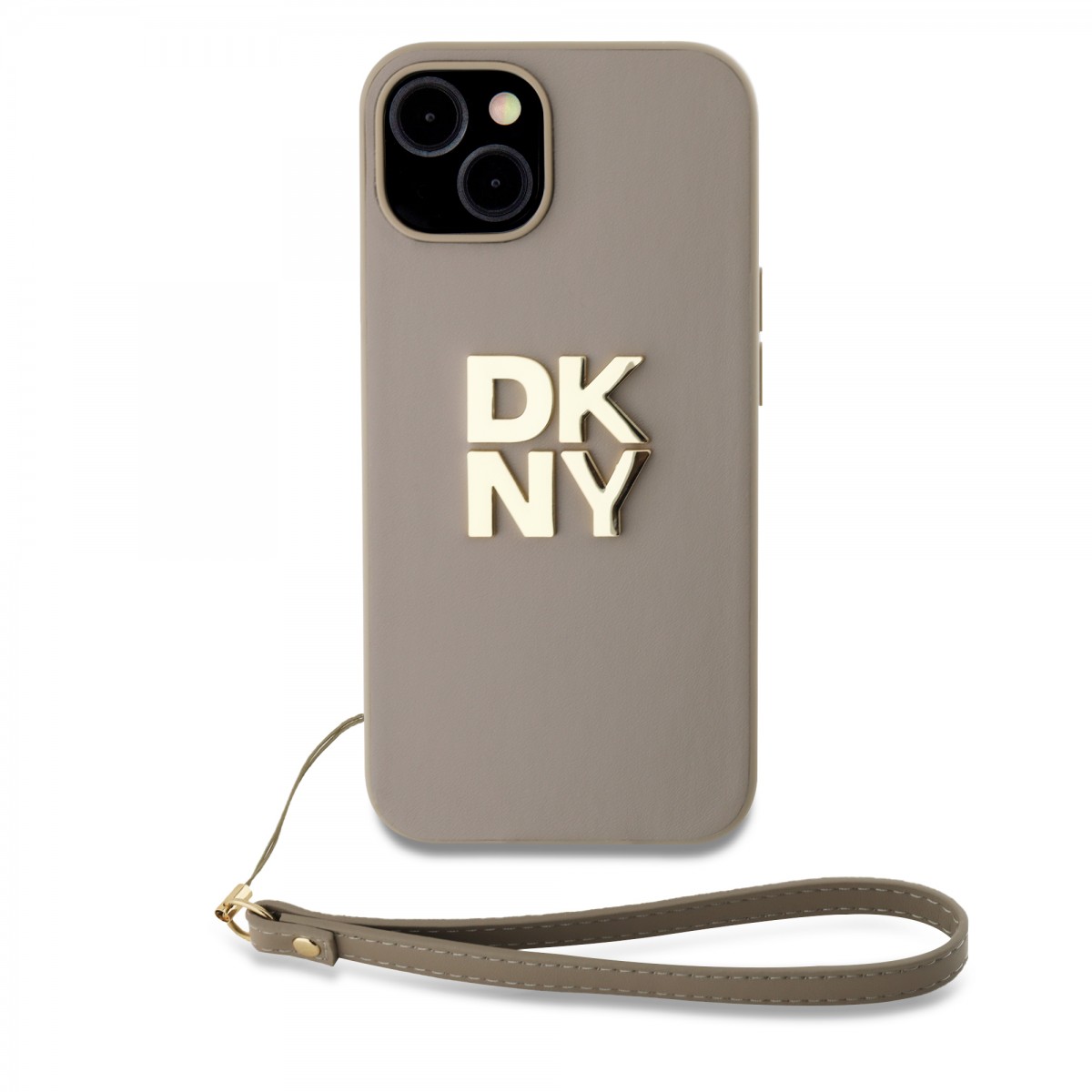 Zadní Kryt DKNY PU Leather Stack Logo Wrist Strap pro iPhone 14 Beige