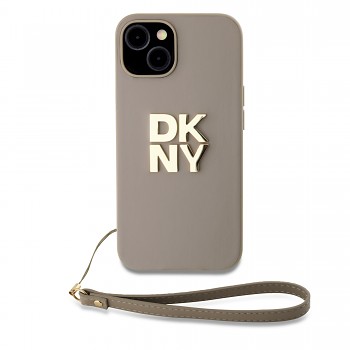 Zadní Kryt DKNY PU Leather Stack Logo Wrist Strap na iPhone 14 Beige