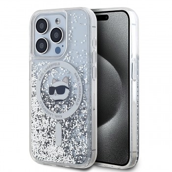 Karl Lagerfeld Liquid Glitter Choupette Head MagSafe Zadní Kryt pro iPhone 15 Pro Transparent