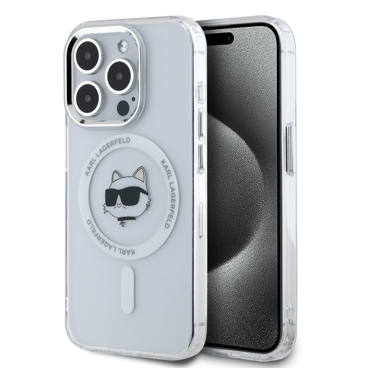 Zadní kryt Karl Lagerfeld IML Choupette Head Metal Frame MagSafe pro iPhone 14 Pro Max Transparent