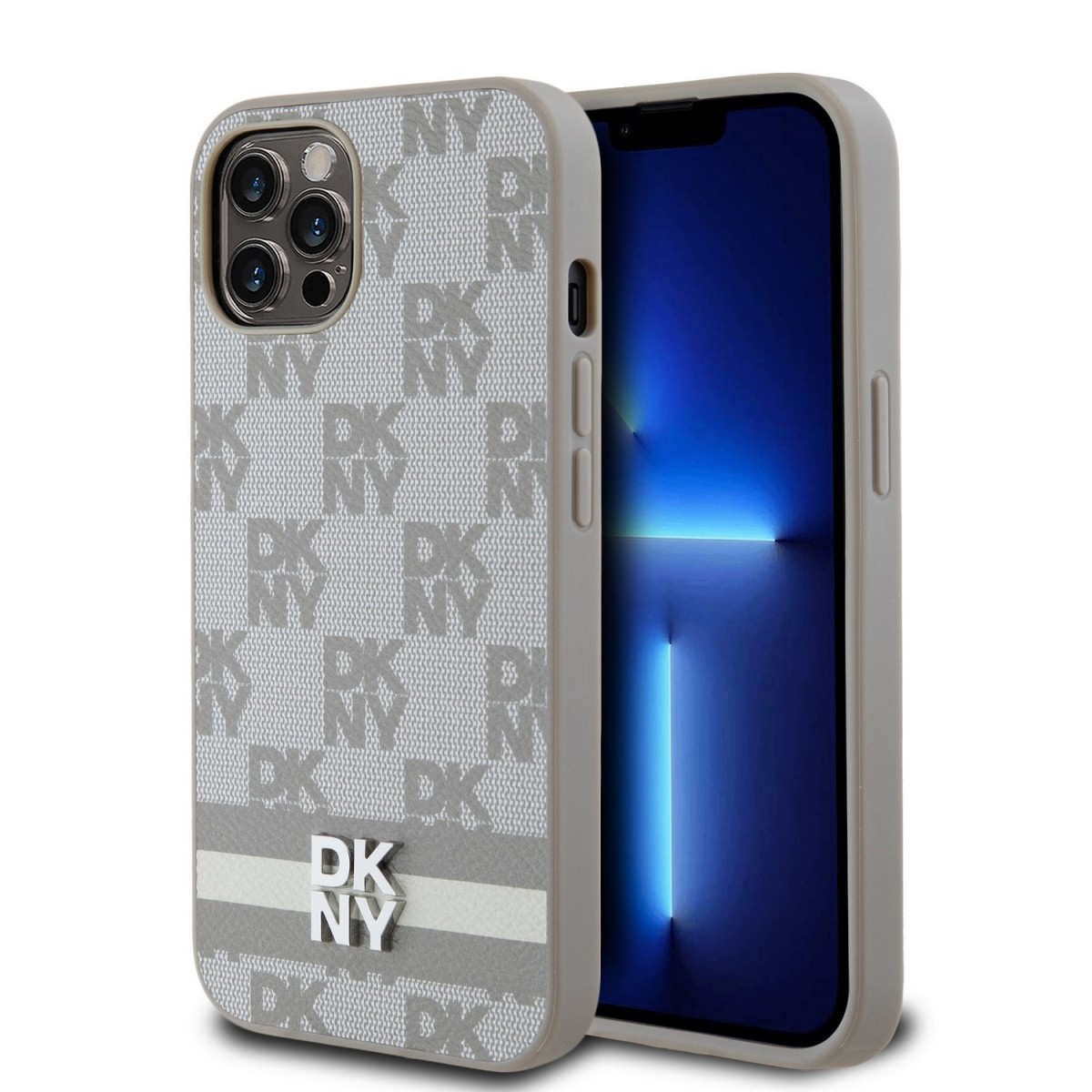 Zadní kryt DKNY PU Leather Checkered Pattern and Stripe pro iPhone 12 - 12 Pro Beige