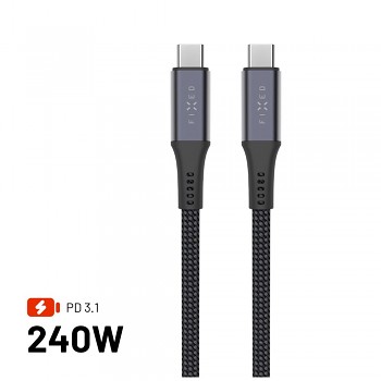 Dlouhý nabíjecí a datový opletený kabel FIXED s konektory USB-C/USB-C, PD 3.1, 2 m, USB4gen2 20Gbps, 4K60Hz, 240W, šedý