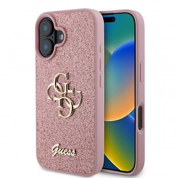 Zadní kryt Guess PU Fixed Glitter 4G Metal Logo pro iPhone 16 Pink