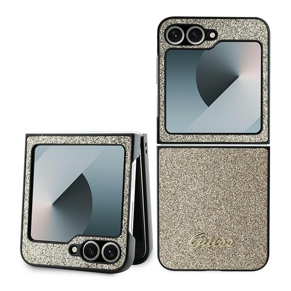 Originální zadní kryt Guess 4G Glitter Script GUHCZF6HGGSHD pro Samsung Galaxy Z Flip 6 zlatý