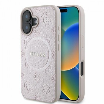 Originální zadní kryt GUESS Saffiano Peony Classic Logo MagSafe GUHMP16MPSAPSMEP pro iPhone 16 Plus růžový