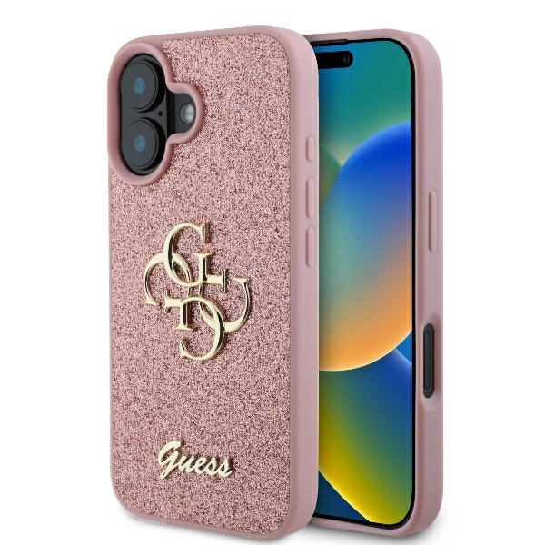 Originální zadní kryt GUESS hardcase Fixed Glitter Big 4G GUHCP16MHG4SGP pro iPhone 16 Plus růžový