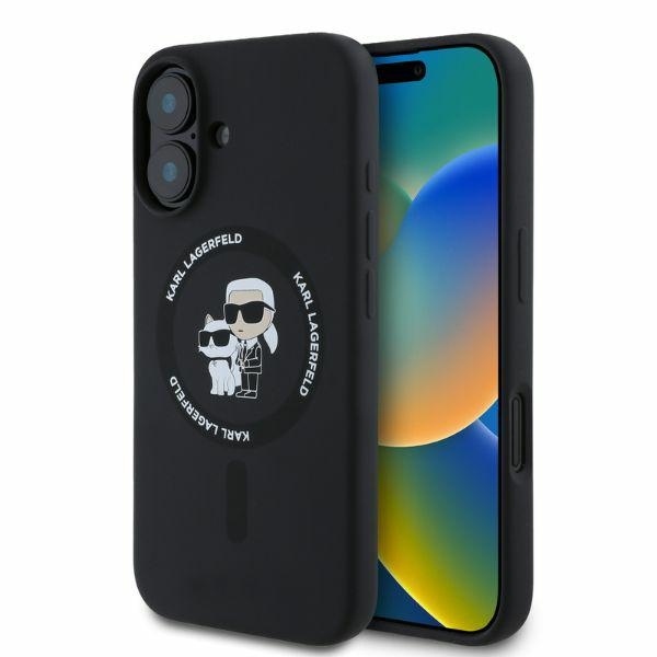 Originální zadní kryt KARL LAGERFELD hardcase Silicone KC Heads Ring MagSafe KLHMP16SSCMKCRHK pro iPhone 16 černý