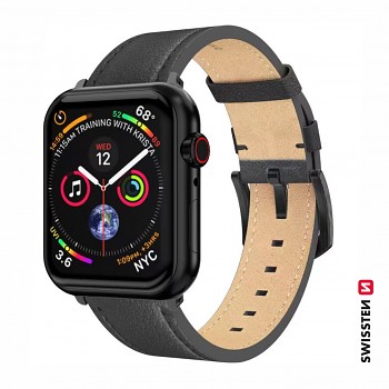 Řemínek Swissten pro Apple Watch  kožený 42 - 44 - 45 - 49 mm černý (černá spona a černé poutko)