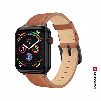 Řemínek Swissten pro Apple Watch  kožený 42 - 44 - 45 - 49 mm hnědý (černá spona a černé poutko)