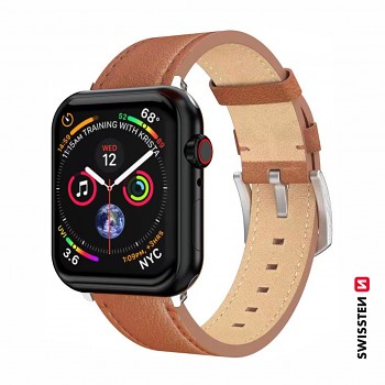 Řemínek Swissten pro Apple Watch  kožený 42 - 44 - 45 - 49 mm hnědý (stříbrná spona a stříbrné poutko)