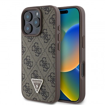 Originální zadní kryt Guess PU 4G Strass Triangle Metal Logo pro iPhone 16 Pro Max Brown