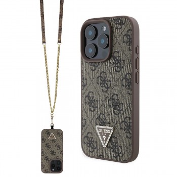 Originální zadní kryt Guess PU 4G Strass Triangle Metal Logo + Crossbody Popruh pro iPhone 16 Pro Brown