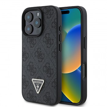 Originální zadní kryt Guess PU 4G Strass Triangle Metal Logo pro iPhone 16 Pro Black