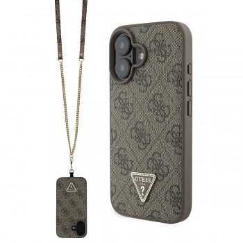 Zadní kryt Guess PU 4G Strass Triangle Metal Logo + Crossbody Popruh pro iPhone 16 Brown