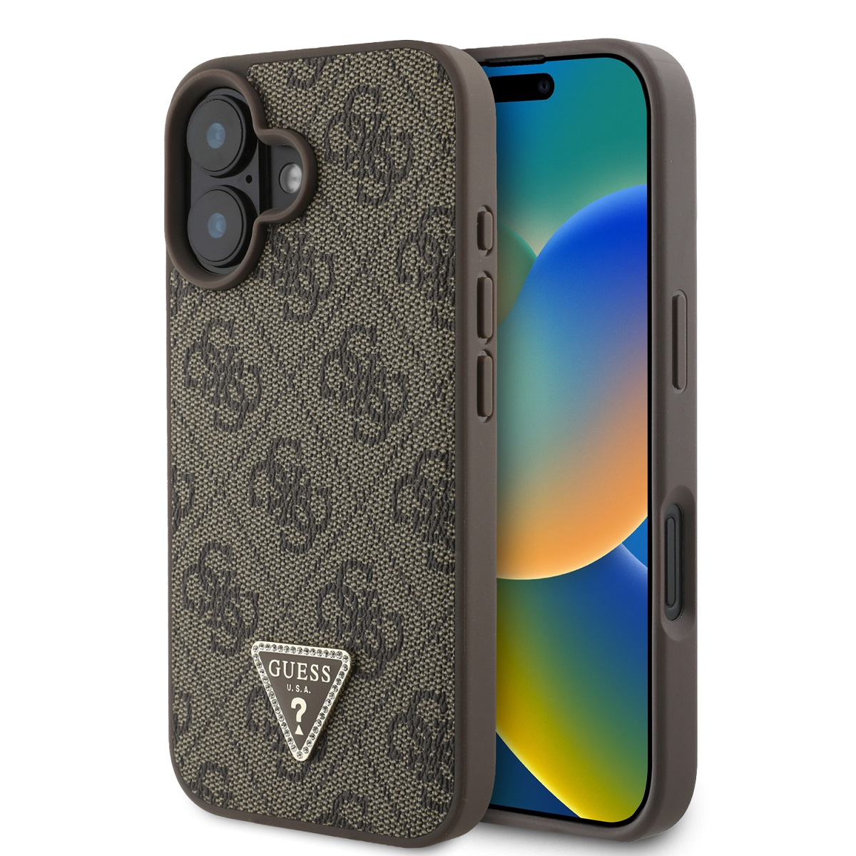 Originální zadní kryt Guess PU 4G Strass Triangle Metal Logo pro iPhone 16 Brown