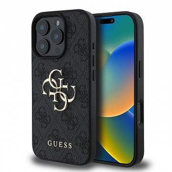 Originální zadní kryt Guess PU 4G Metal Logo pro iPhone 16 Pro Max Grey