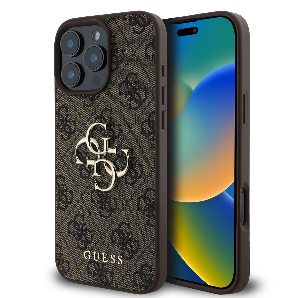 Originální zadní kryt Guess PU 4G Metal Logo pro iPhone 16 Pro Max Brown